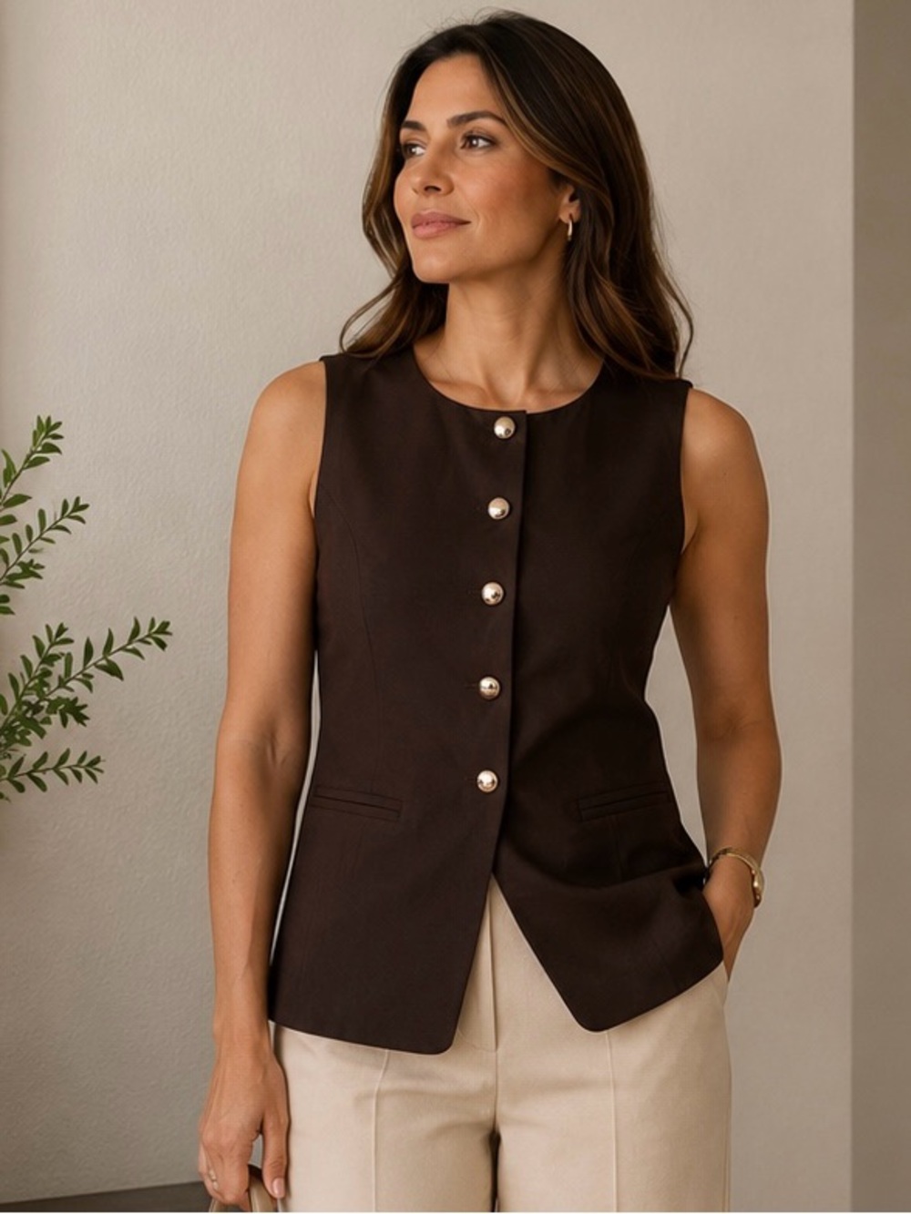 Classic Sleeveless Brown Button Vest
